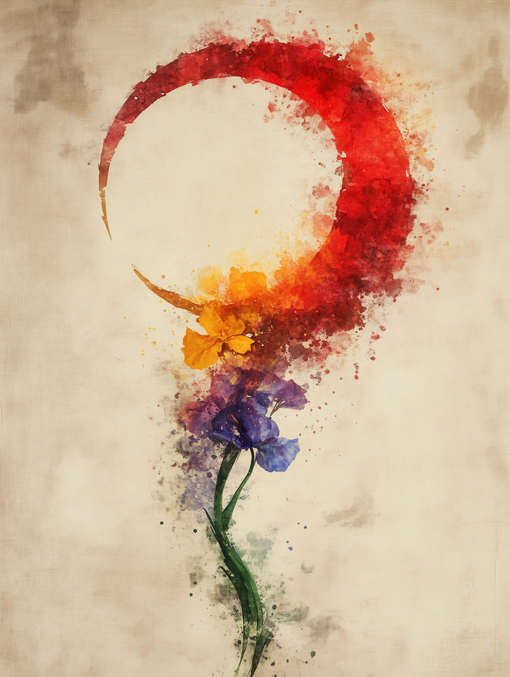 Wadi Home abstract floral crescent moon wall art print with red, orange, and purple watercolor design above a sofa.