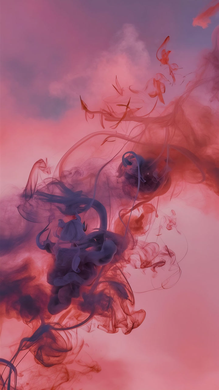 Wadi Home abstract smoke wall art print with violet and crimson swirls displayed above a modern grey sofa.