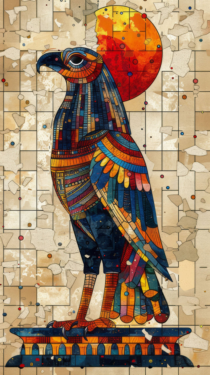 Wadi Home Ancient Egyptian style falcon wall art print featuring a mosaic design in blue and orange above a sofa.