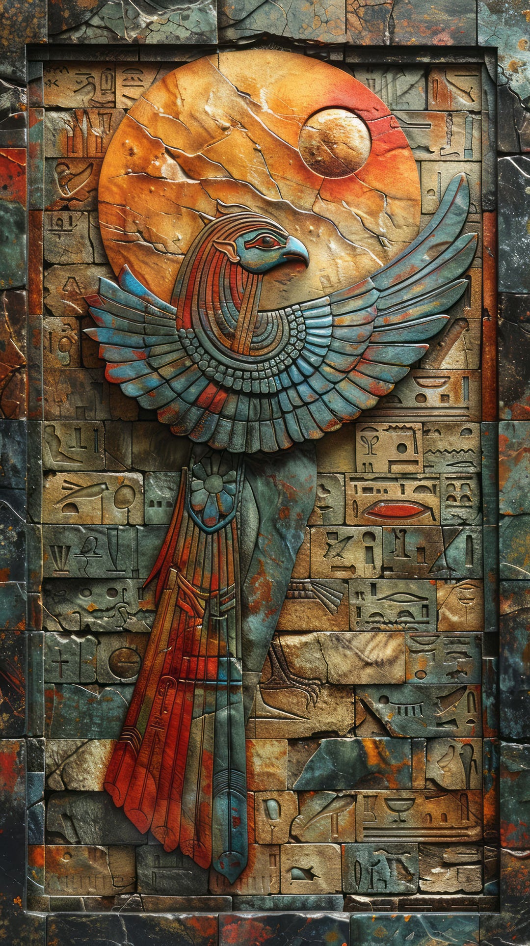 Wadi Home Ancient Egyptian style wall art with a falcon relief, terracotta and blue tones, hanging above a sofa.