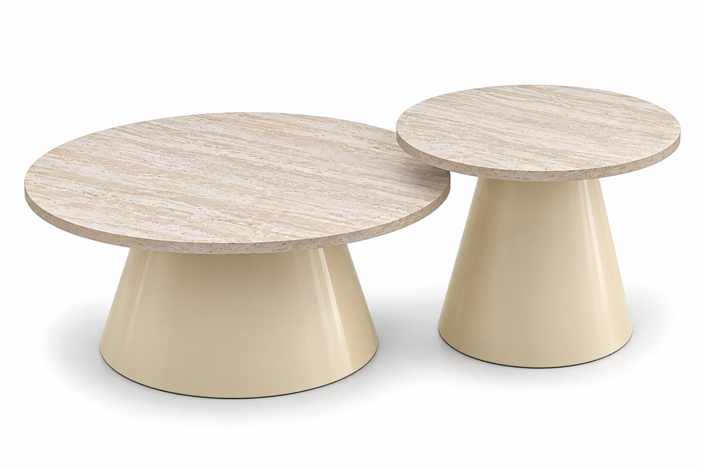 Set of two round nesting coffee tables with textured light tops and cream tapered bases