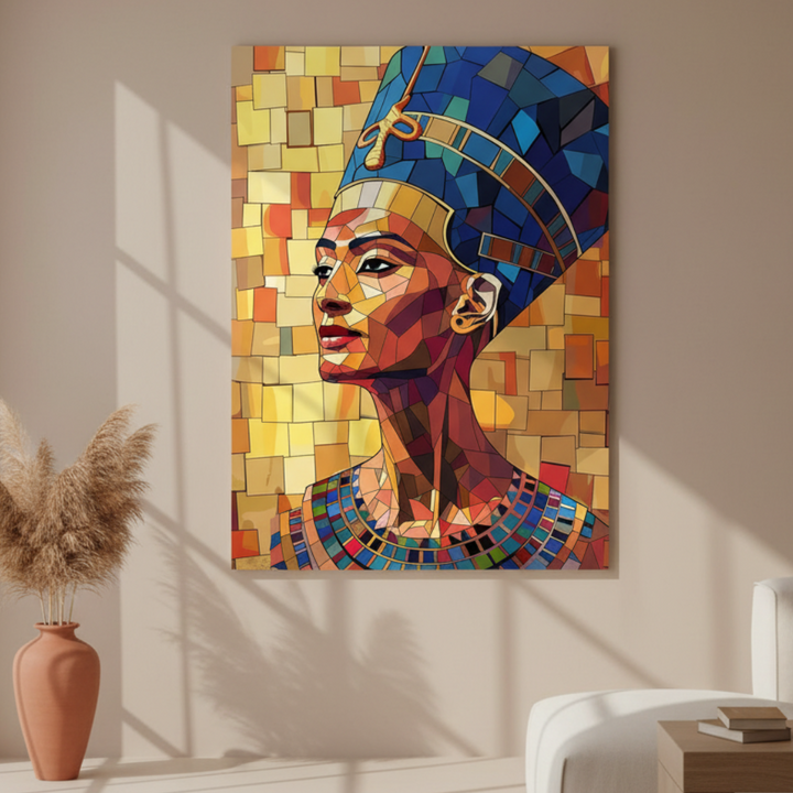 Modern Nefertiti mosaic canvas art with geometric gold and blue design on premium canvas