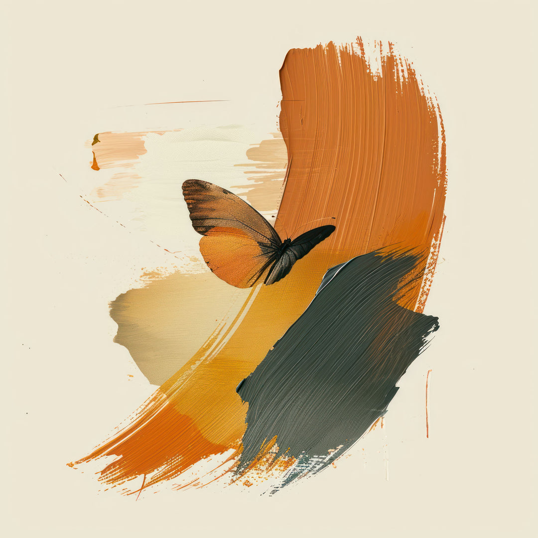 Wadi Home abstract butterfly wall art with burnt orange and charcoal brushstrokes hanging above a modern grey sofa.
