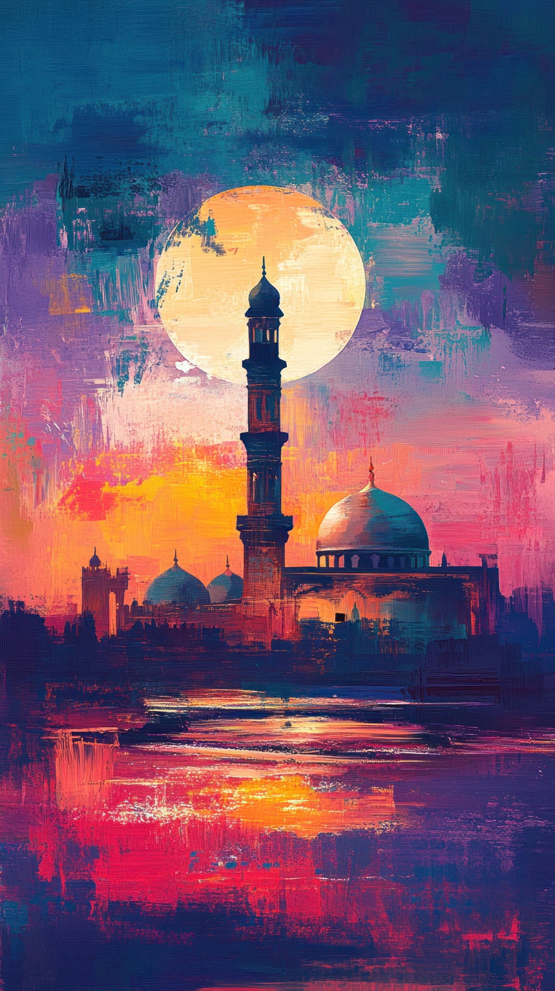 Wadi Home abstract mosque landscape wall art featuring a vibrant sunset with deep blues, oranges, and purples.
