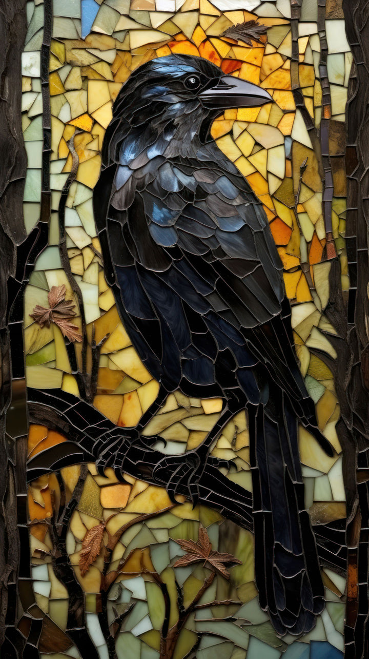 Wadi Home mosaic raven wall art featuring a black bird on a branch against a golden background above a modern sofa.