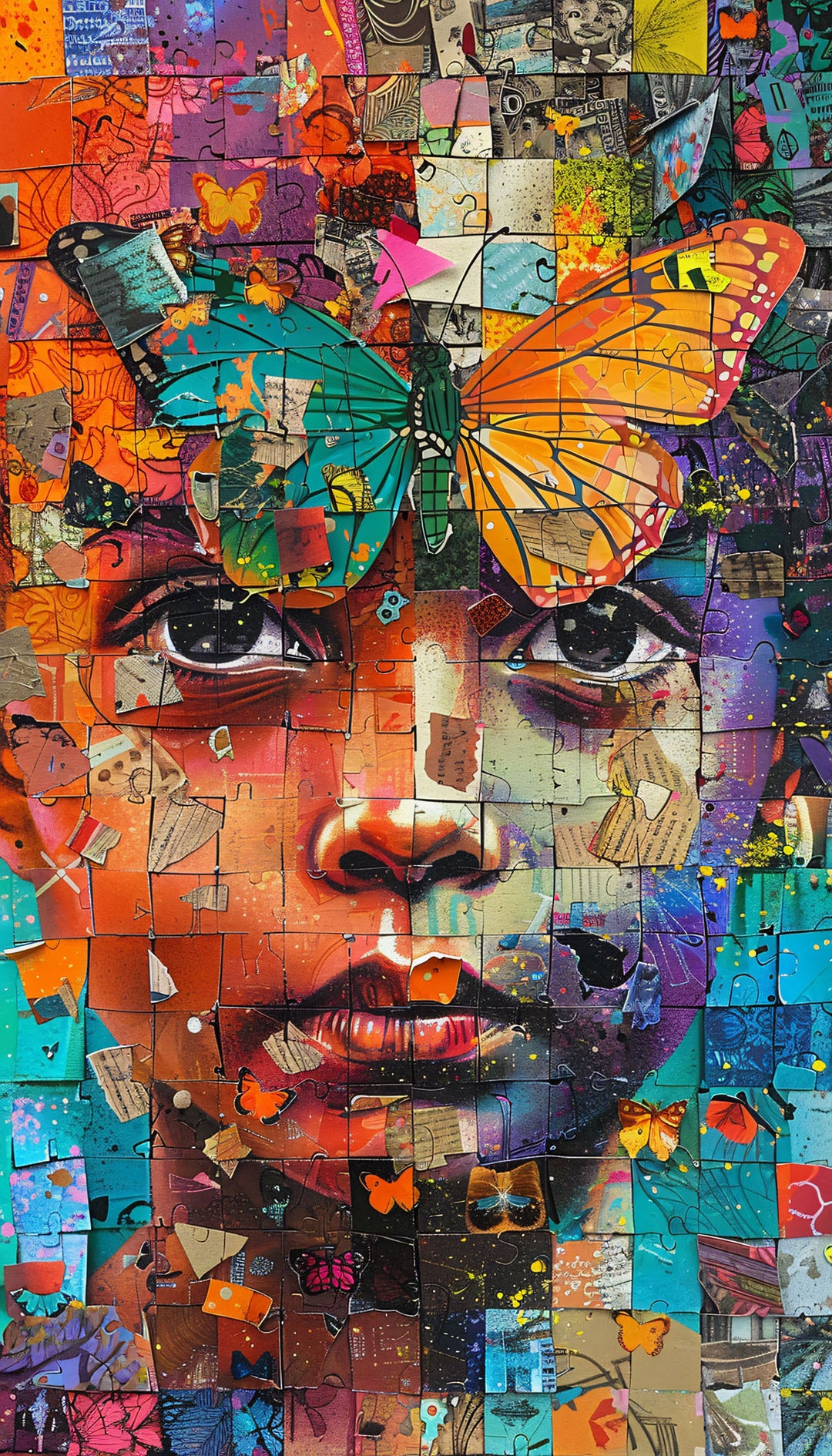 Wadi Home abstract mosaic portrait wall art print featuring a colorful face with a butterfly above a modern sofa.