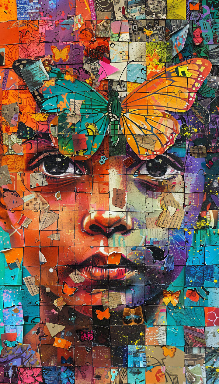 Wadi Home abstract mosaic portrait wall art print featuring a colorful face with a butterfly above a modern sofa.