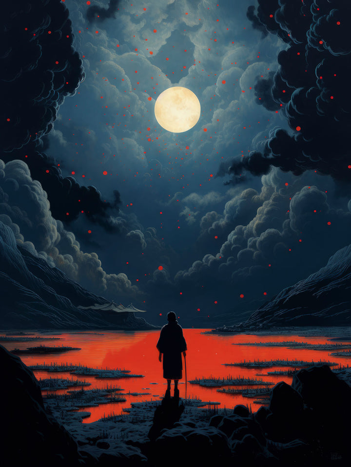 Wadi Home framed surreal landscape wall art featuring a lone figure under a moonlit sky with blue and red accents.