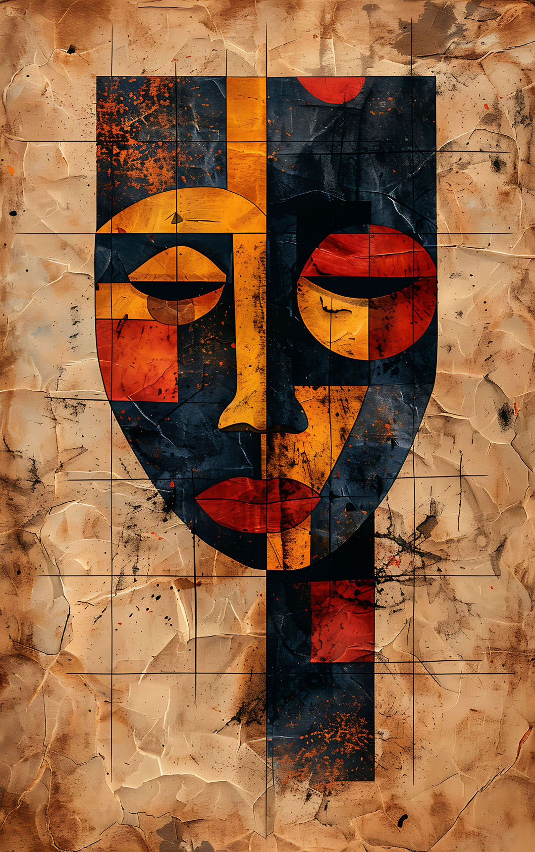 Wadi Home abstract geometric face wall art print with orange and black tones on a textured parchment background.