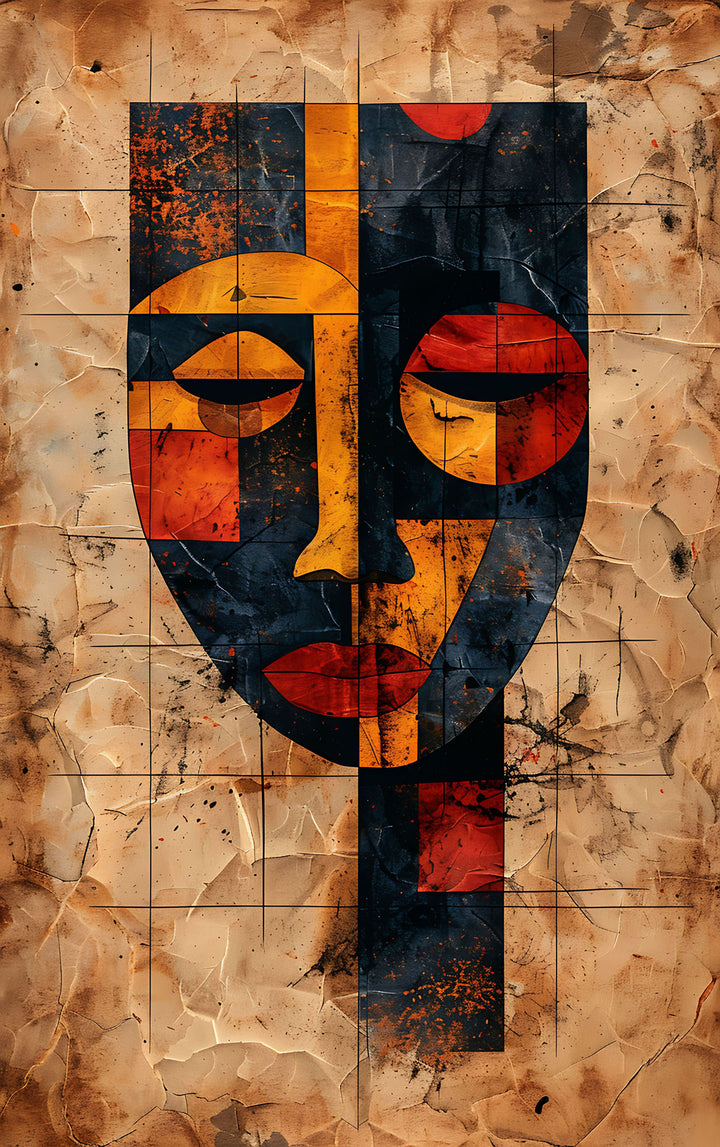 Wadi Home abstract geometric face wall art print with orange and black tones on a textured parchment background.
