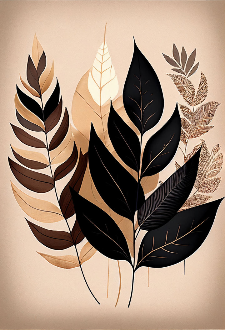 Wadi Home botanical leaf illustration wall art in black, mocha, and cream, displayed above a modern grey sofa.