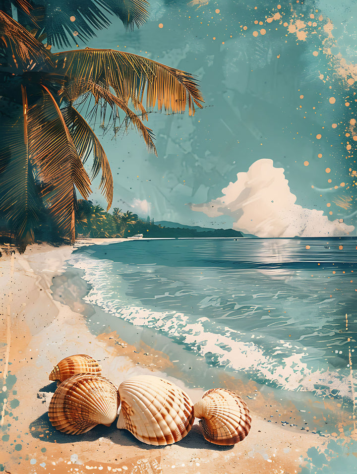 Wadi Home coastal beach scene wall art print featuring seashells and palm trees hanging above a modern grey sofa.