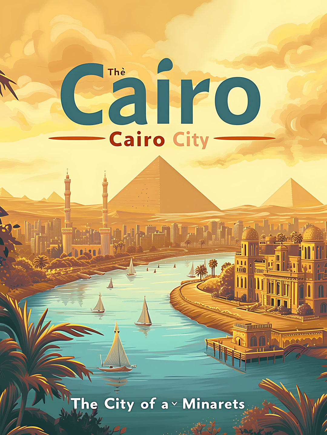 Wadi Home Cairo travel poster featuring pyramids and the Nile in amber and teal tones hanging above a grey sofa.