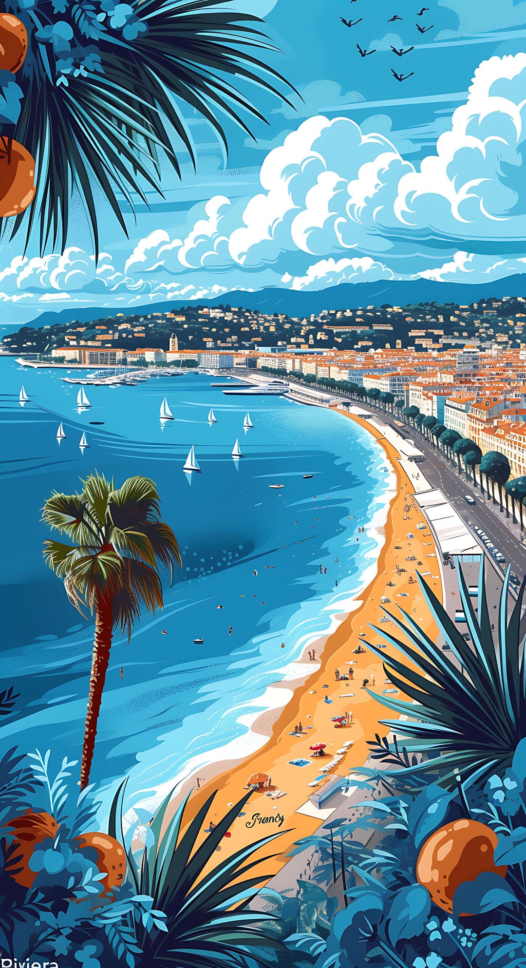 Wadi Home wall art print featuring a vibrant French Riviera coastal landscape with palm trees and a blue beach scene.