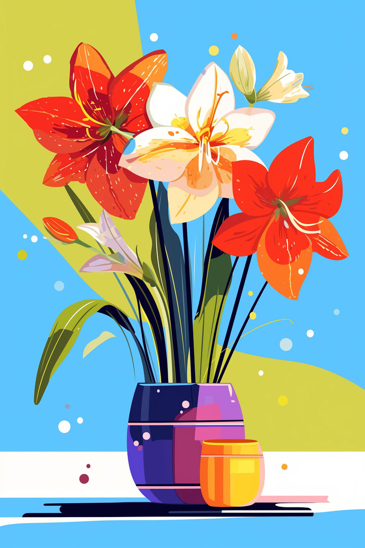 Wadi Home abstract floral wall art print featuring stylized lilies in a vase on a grey wall above a modern sofa.
