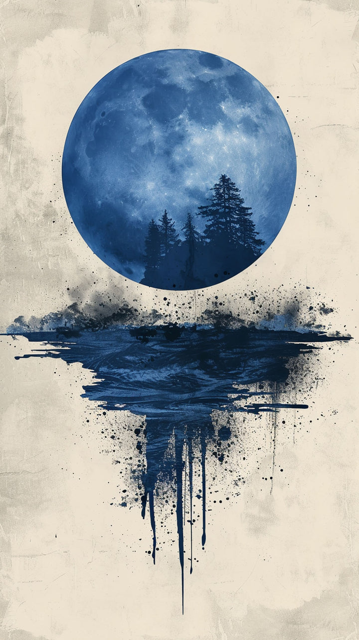 Wadi Home abstract moon landscape wall art with blue watercolor forest silhouette hanging above a modern grey sofa.