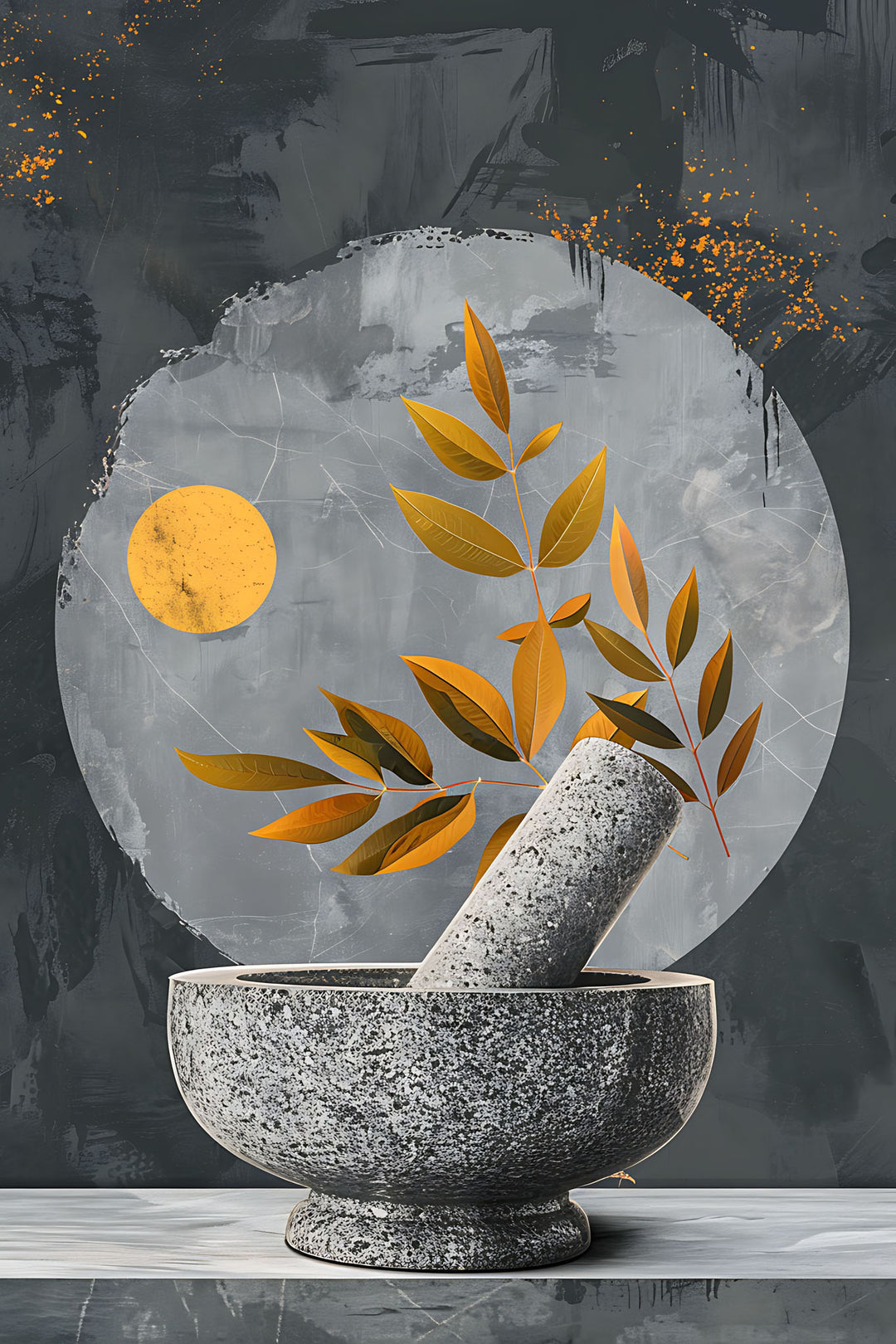Wadi Home abstract botanical mortar and pestle wall art print with gold accents hanging above a modern grey sofa.