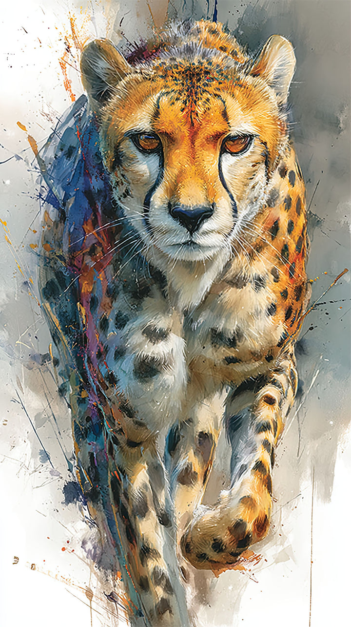 Wadi Home cheetah wildlife framed print with vibrant watercolor style art hanging above a modern grey sofa.