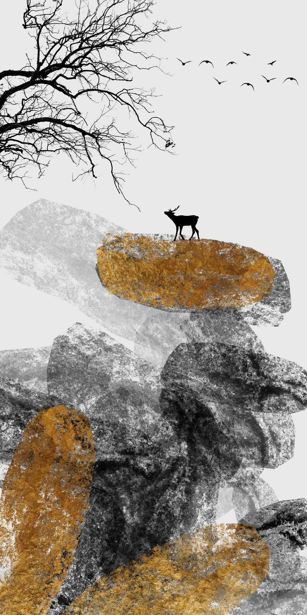 Wadi Home abstract landscape wall art featuring a deer, rock formations, and gold accents above a modern grey sofa.