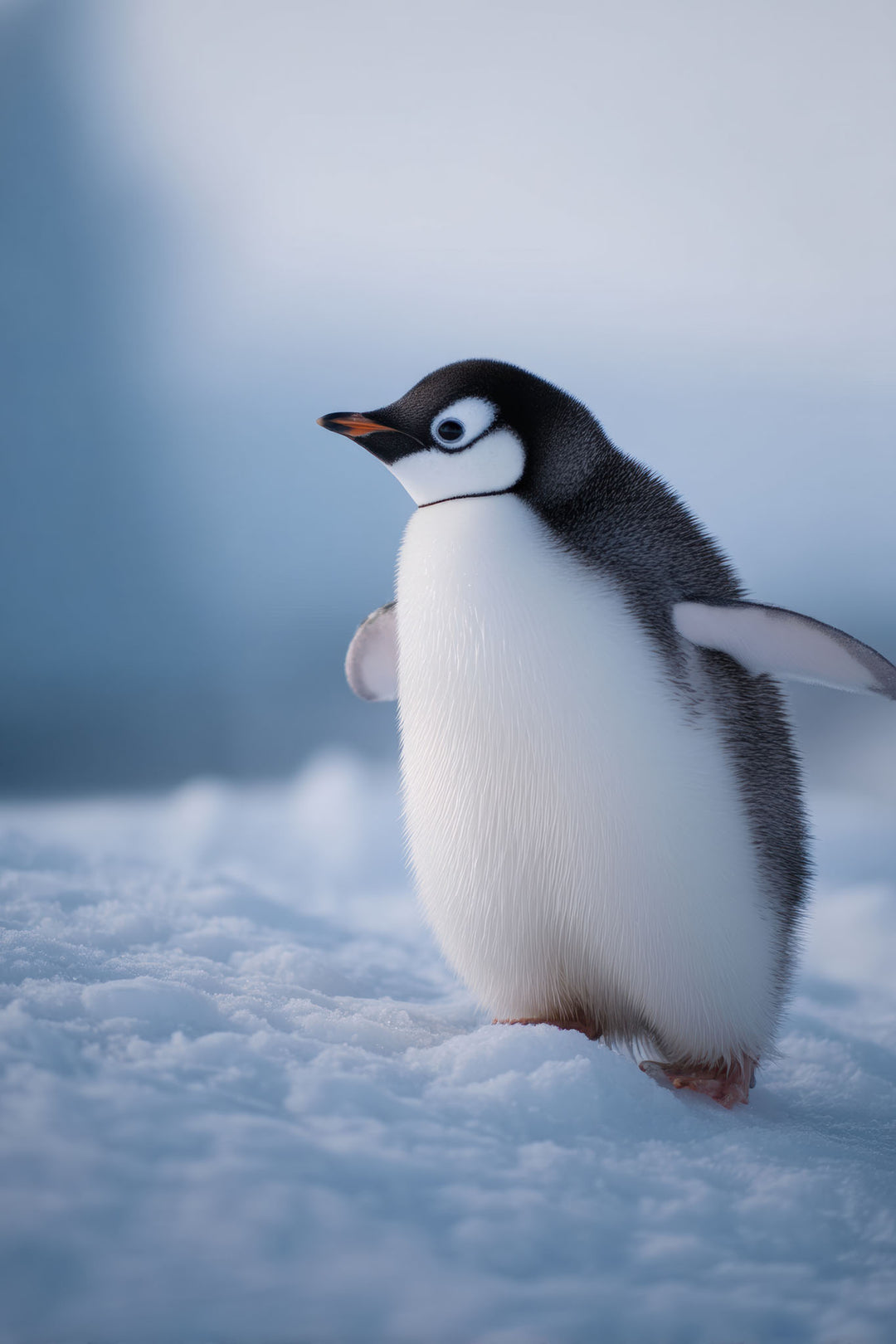Wadi Home framed penguin wall art print featuring a young penguin on snow, displayed above a modern grey sofa.