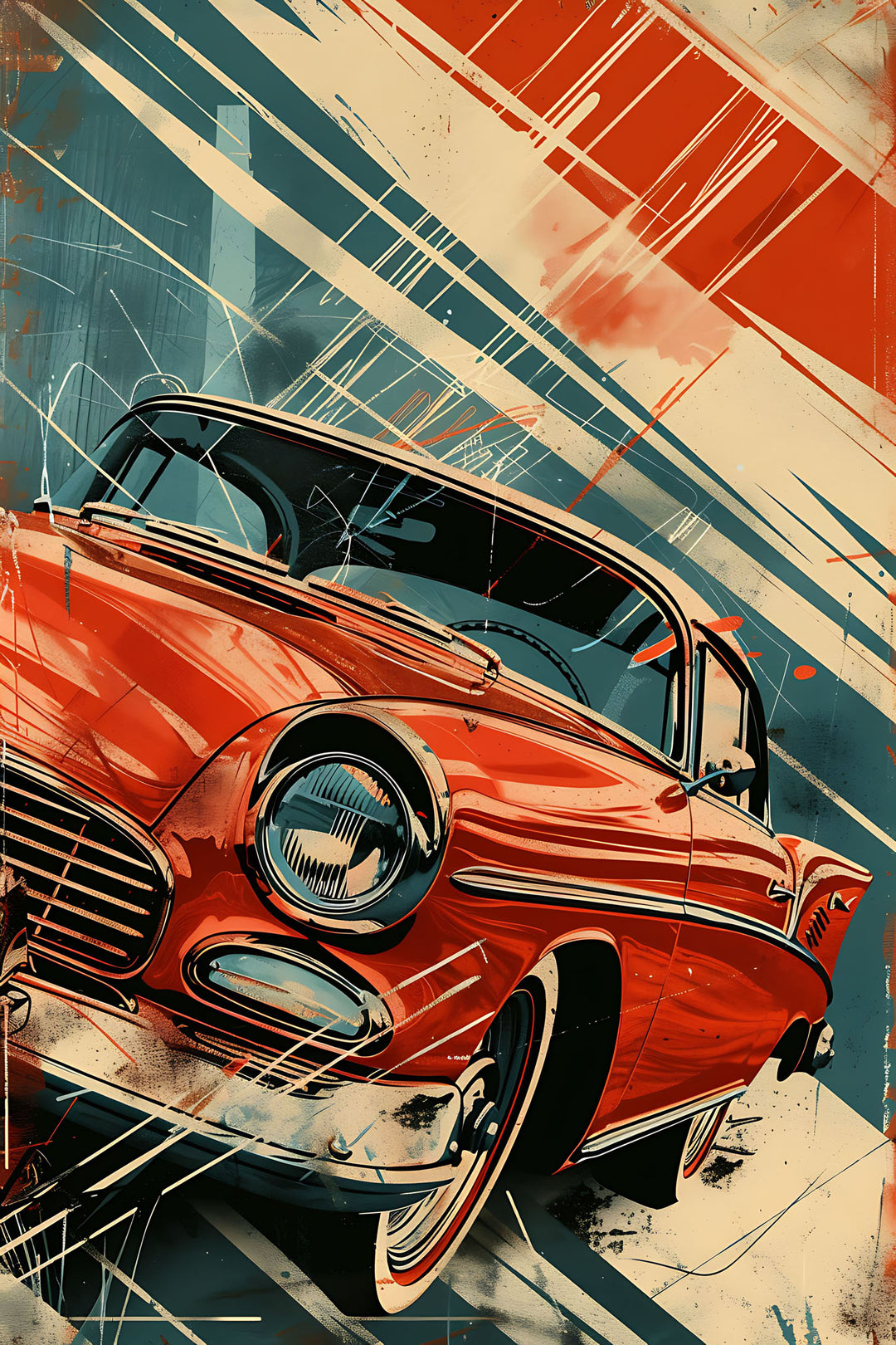Wadi Home vintage red car wall art print in a sleek frame hanging above a modern grey sofa in a living room.