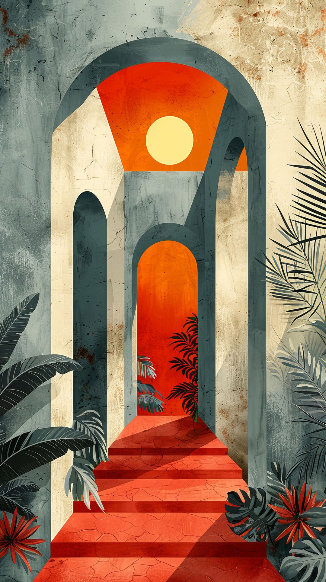 Wadi Home abstract architectural archway wall art featuring stone arches, vibrant red sunset, and lush foliage above a sofa.