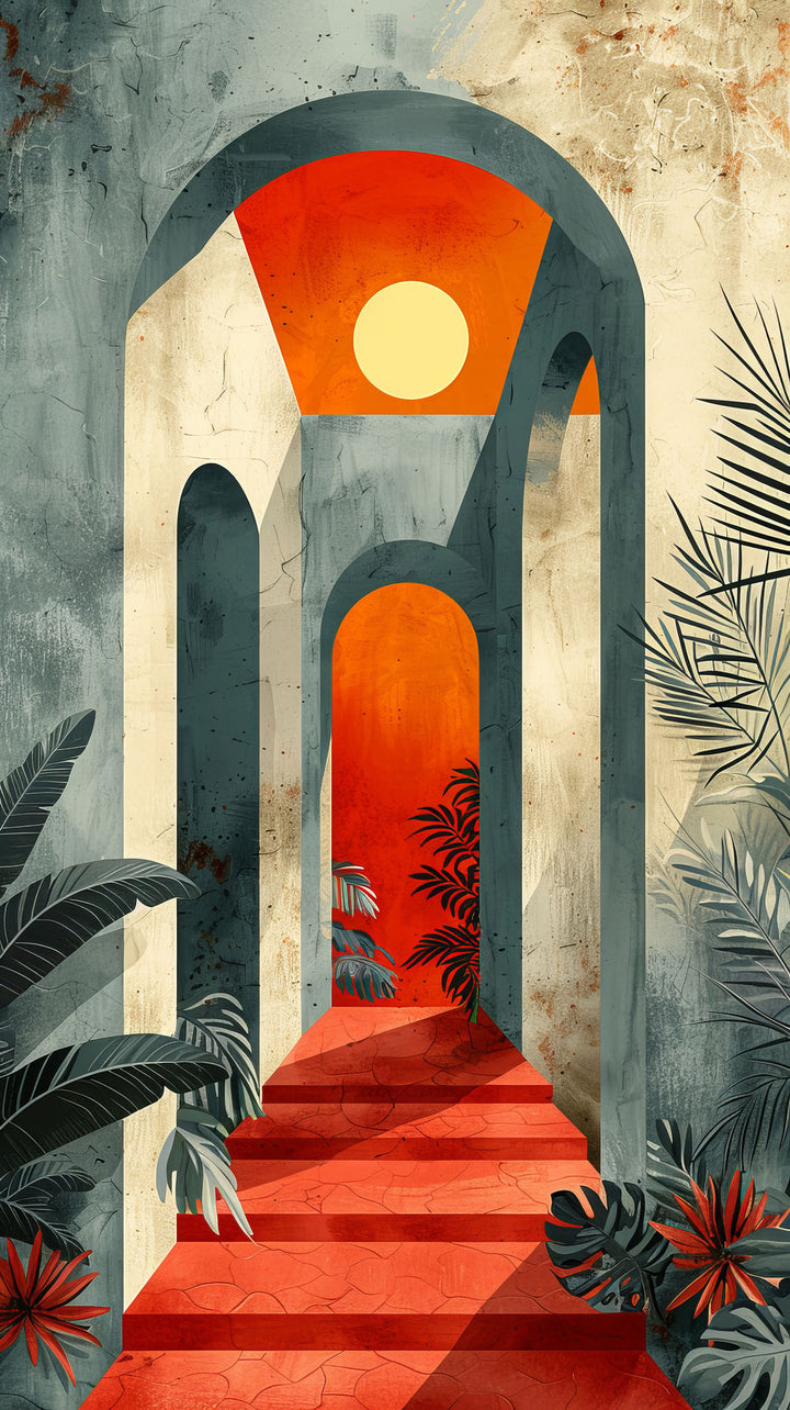Wadi Home abstract architectural archway wall art featuring stone arches, vibrant red sunset, and lush foliage above a sofa.