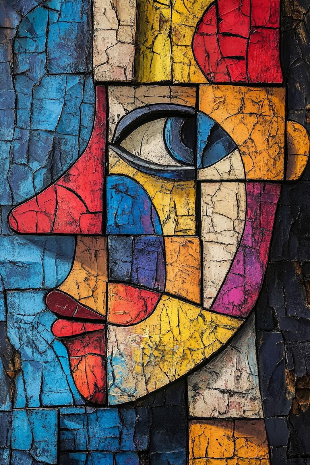 Wadi Home abstract geometric face wall art with cracked texture in vibrant colors hanging above a modern sofa