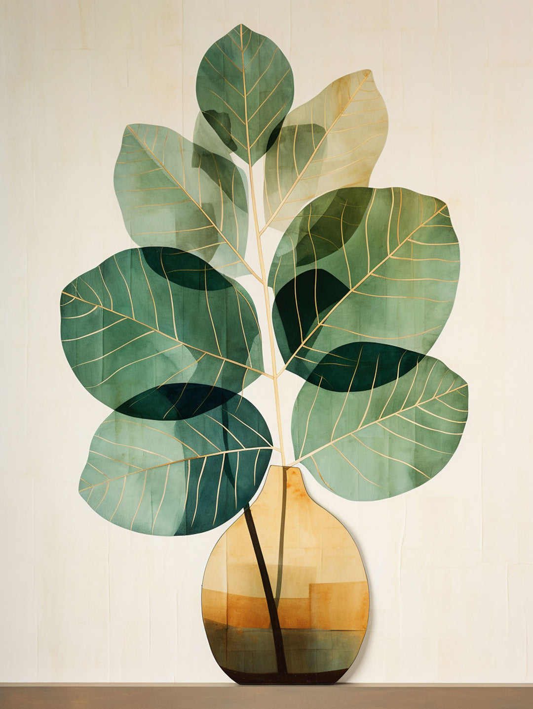 Wadi Home botanical plant wall art print featuring green foliage in a geometric vase hanging above a modern sofa.