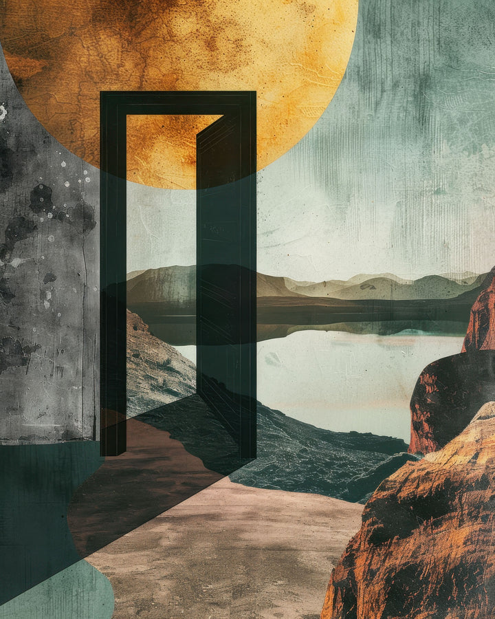 Wadi Home abstract landscape framed wall art featuring a golden sun and open doorway above a modern grey sofa.