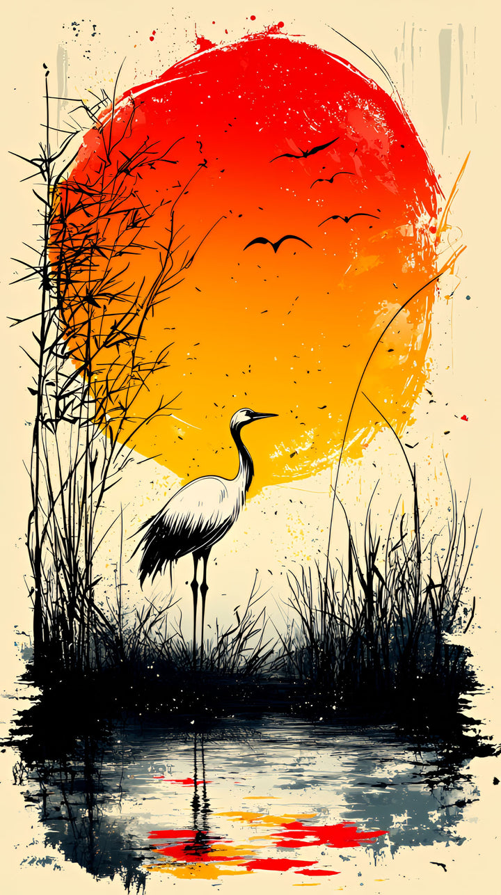 Wadi Home Japanese inspired crane wall art print featuring a red sun and marsh landscape above a modern grey sofa.