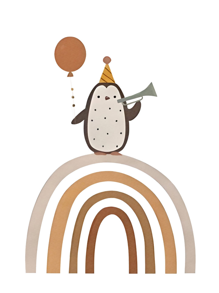 Wadi Home framed wall art featuring a whimsical penguin with a party hat and balloon on an earth-toned rainbow