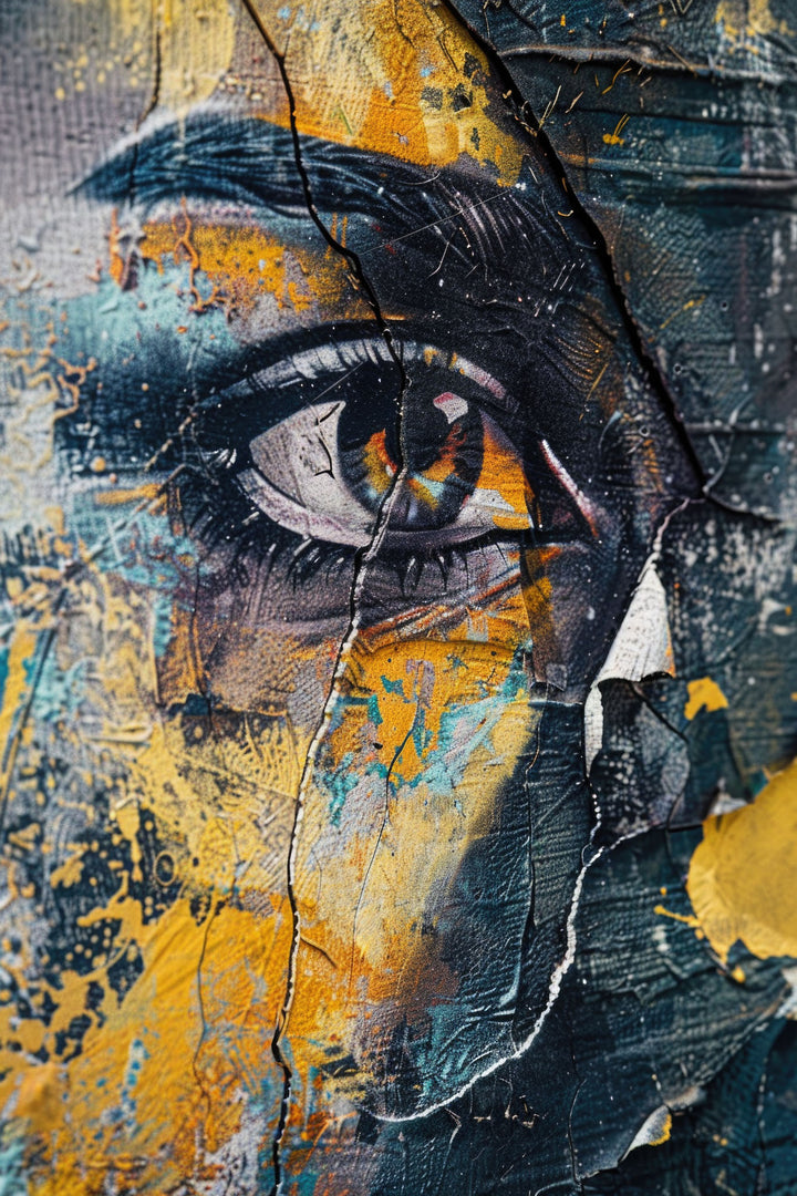 Wadi Home abstract eye wall art print with blue, charcoal, and yellow tones hanging above a modern grey sofa.