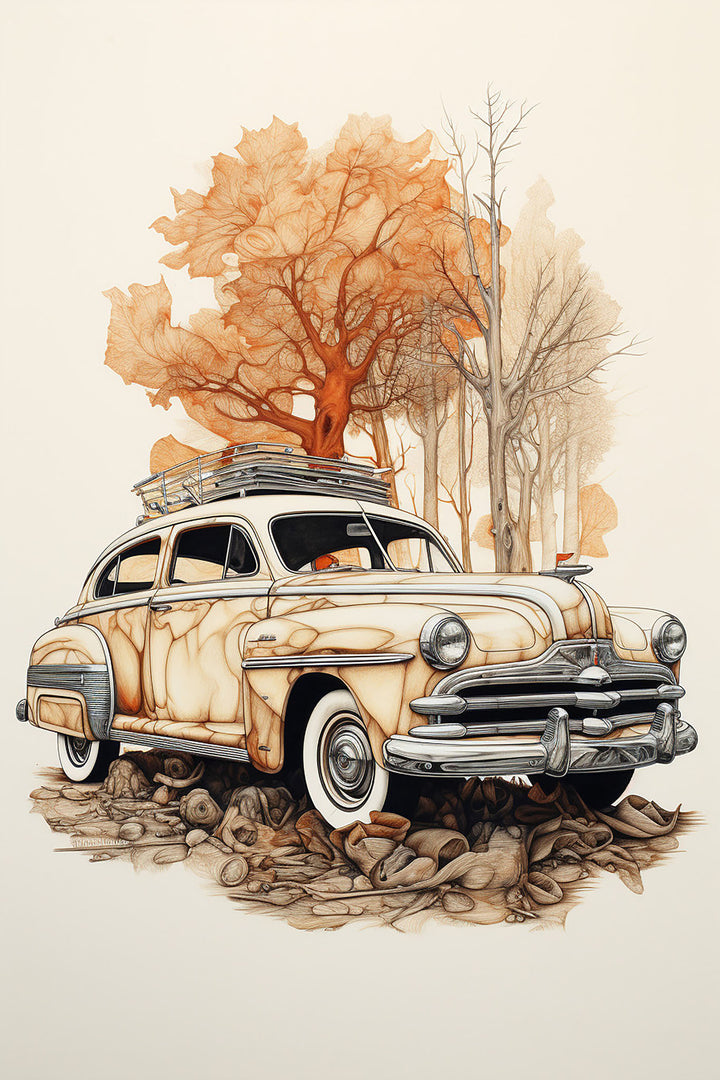 Wadi Home vintage automobile framed wall art print featuring a classic car in sepia tones above a modern grey sofa.