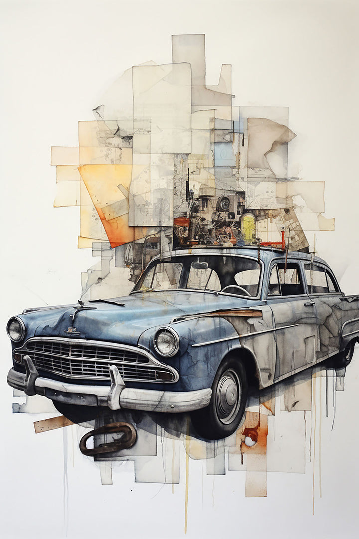 Wadi Home framed vintage blue car wall art print with abstract geometric background hanging above a modern sofa.