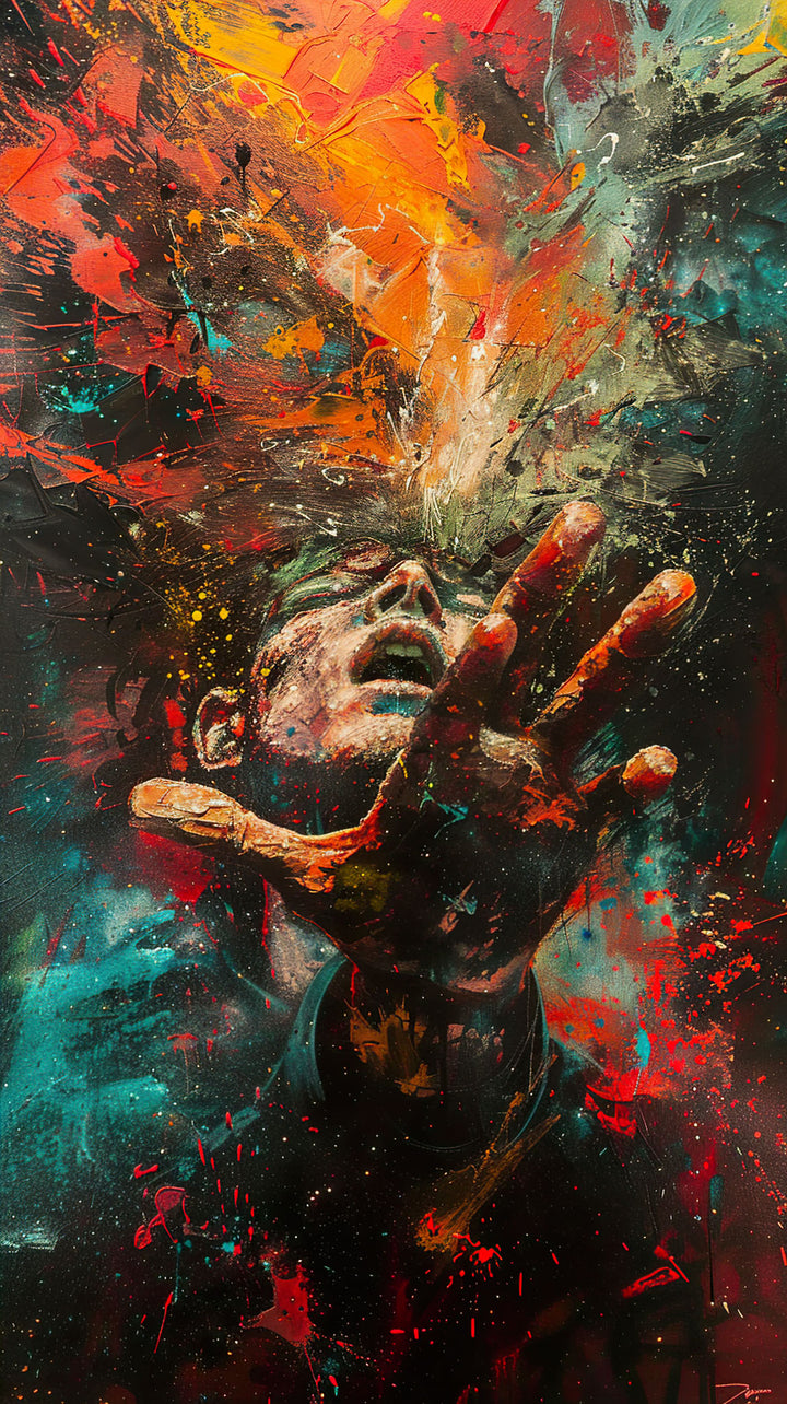 Wadi Home abstract expressionist human figure wall art featuring vibrant red, blue, and gold brushstrokes above a sofa.
