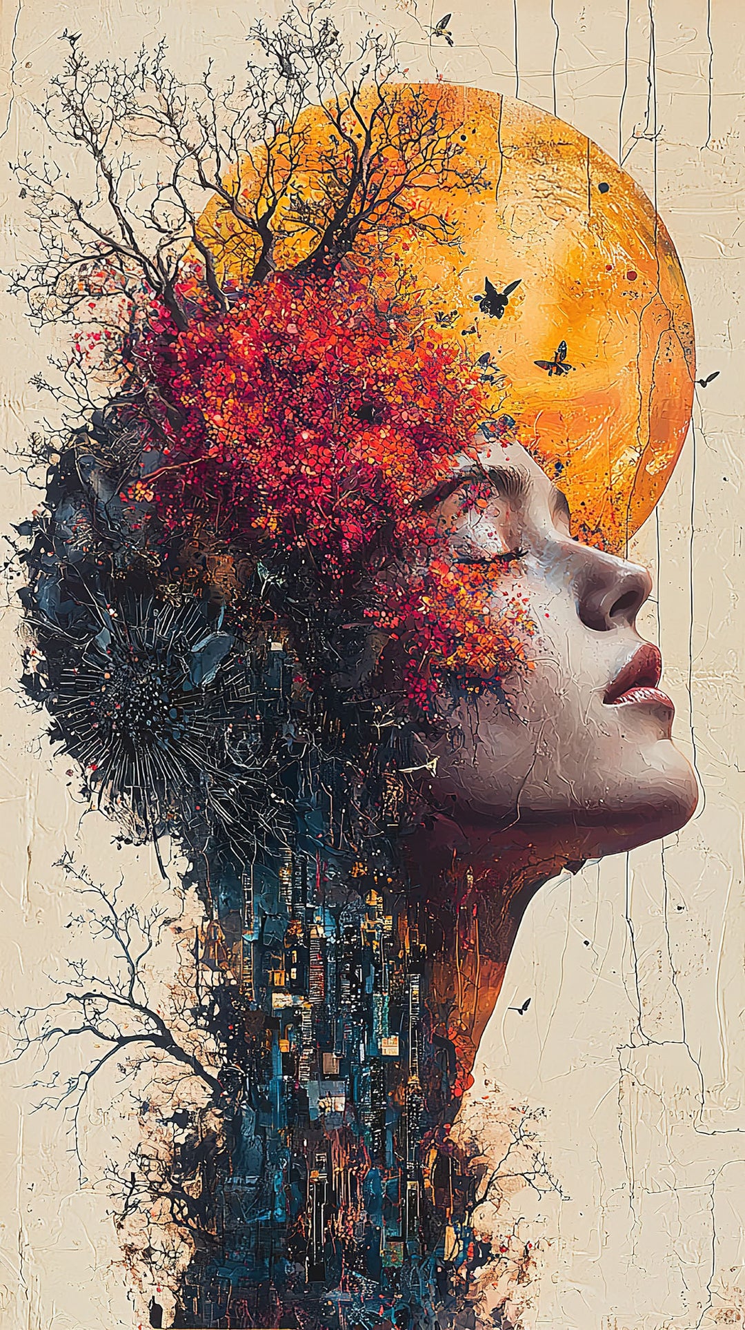 Wadi Home surreal portrait wall art print featuring a woman with a dreamlike landscape, orange sun, and textured neutrals.