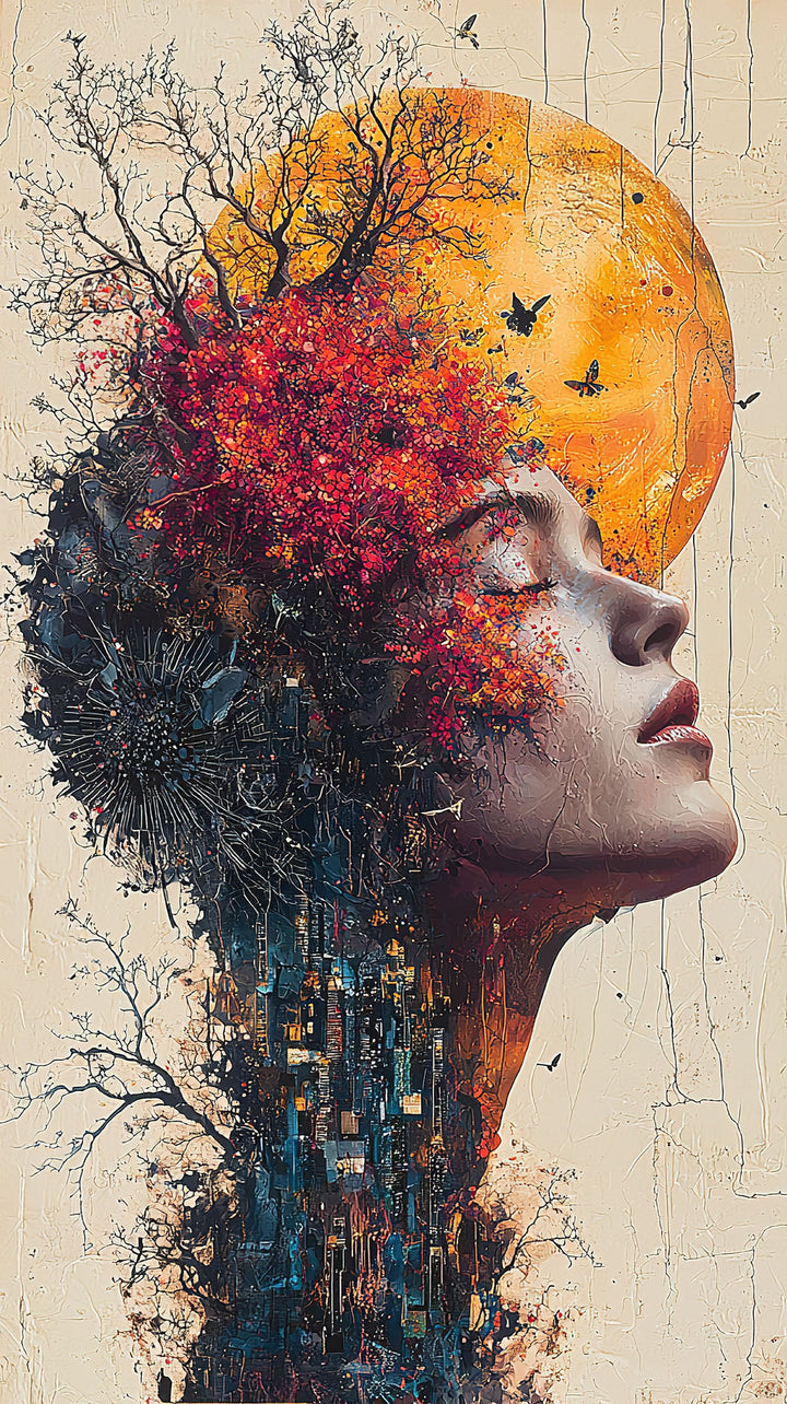 Wadi Home surreal portrait wall art print featuring a woman with a dreamlike landscape, orange sun, and textured neutrals.