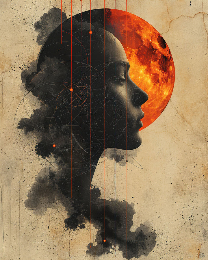 Wadi Home surreal celestial profile wall art featuring a silhouette against a red moon on a parchment background.