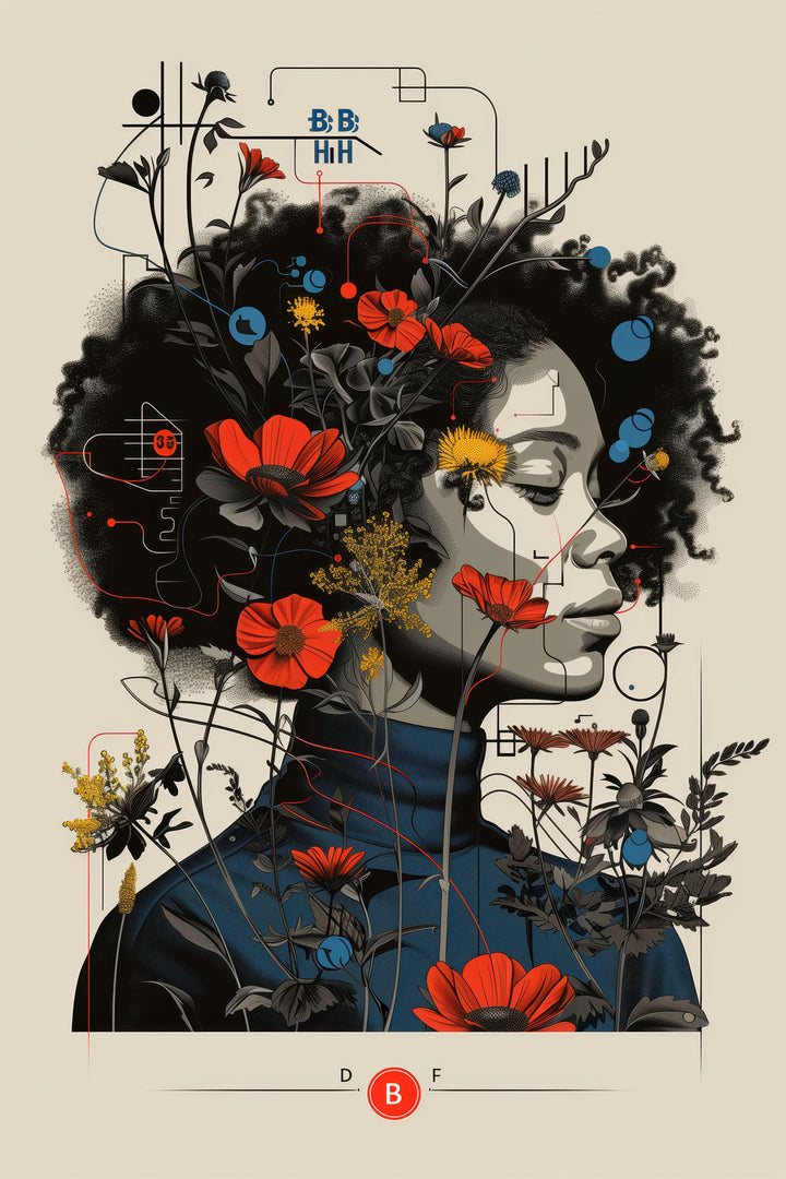 Wadi Home abstract floral portrait wall art print featuring a woman with botanical elements and red flowers in a frame.