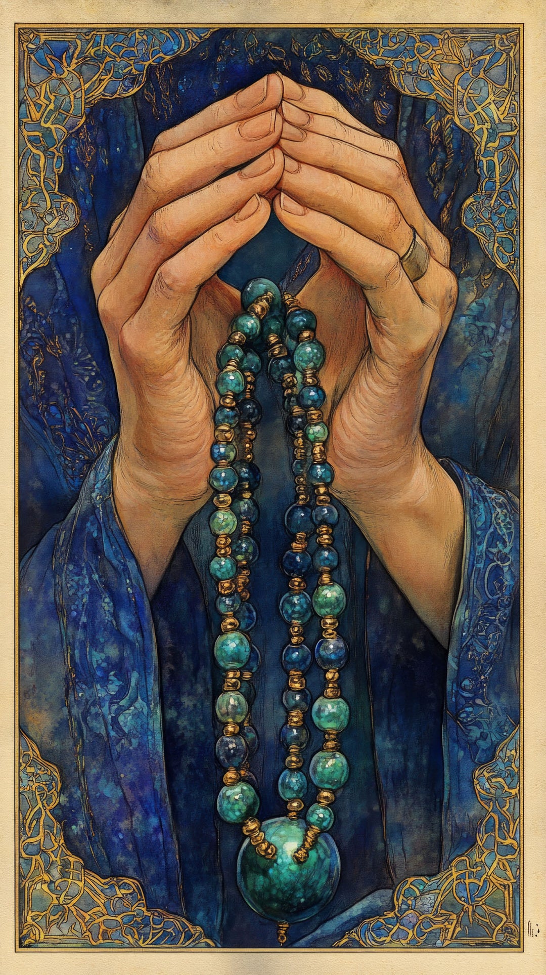 Wadi Home framed wall art featuring hands in prayer with blue prayer beads and gold accents on a dark blue background.