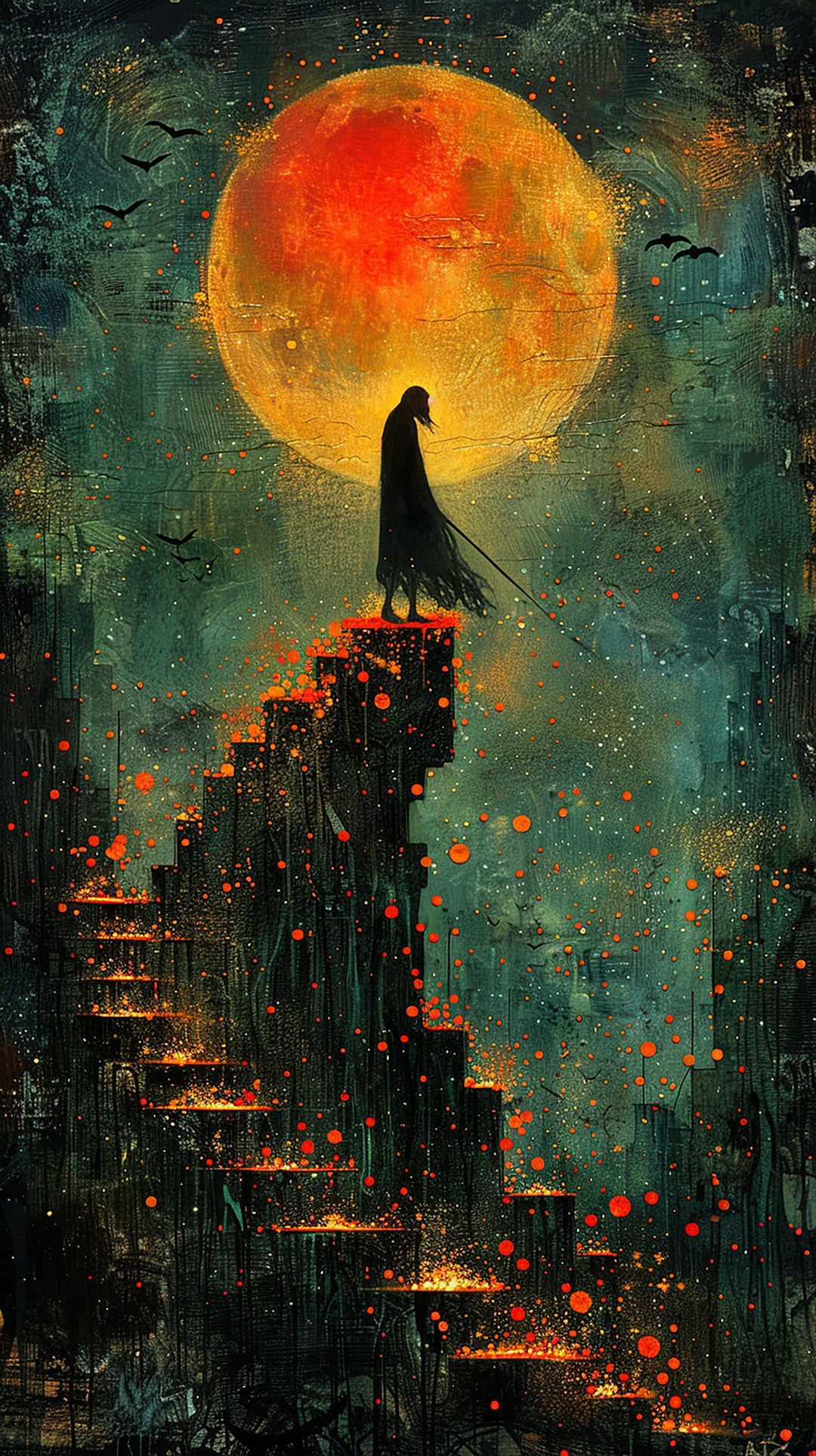 Wadi Home framed wall art featuring a cloaked figure on stairs under a large blood-orange moon in teal and charcoal.
