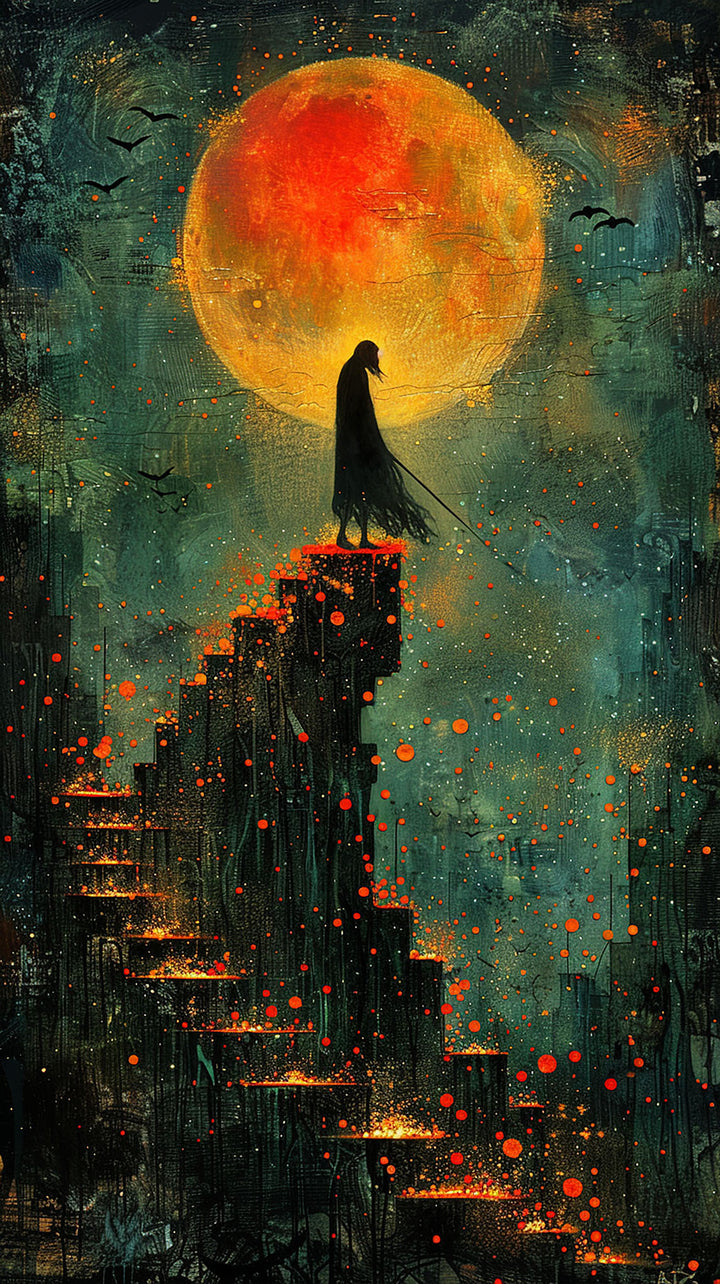 Wadi Home framed wall art featuring a cloaked figure on stairs under a large blood-orange moon in teal and charcoal.