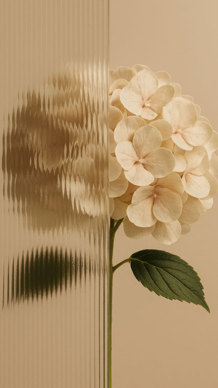 Wadi Home hydrangea botanical wall art print featuring a cream flower behind fluted glass above a modern grey sofa.