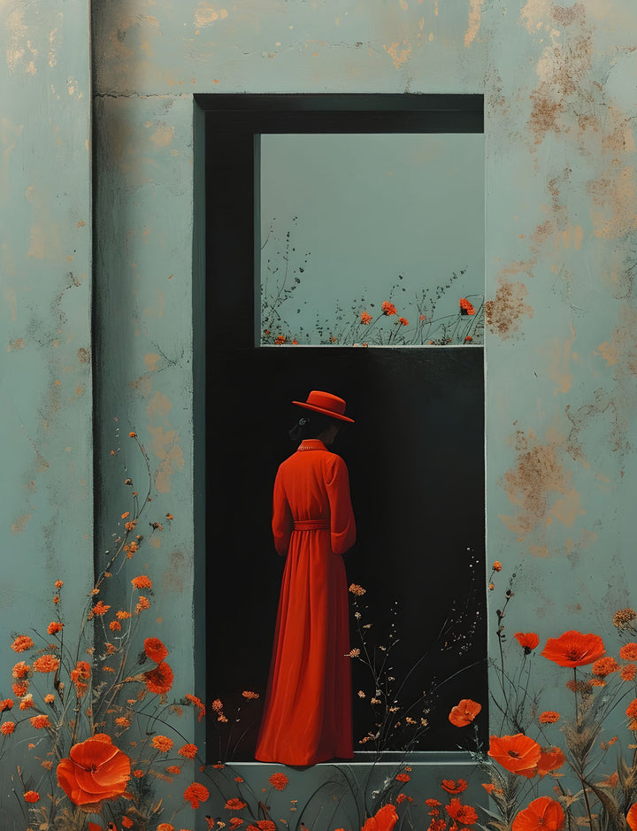Wadi Home framed wall art featuring a woman in a red dress and hat standing in a doorway surrounded by red poppies.