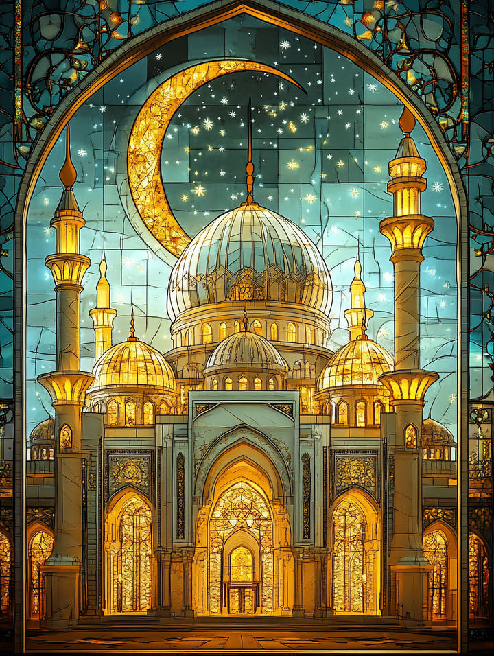 Wadi Home stained glass mosque wall art print featuring a golden crescent moon and minarets above a modern sofa.