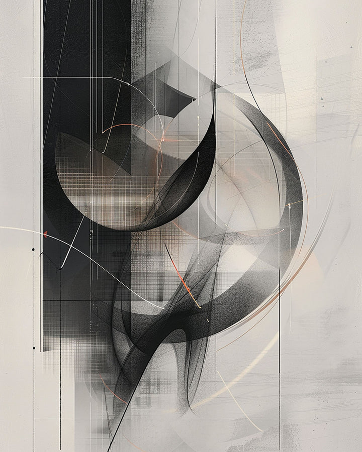 Wadi Home abstract geometric framed wall art in black and grey hanging above a modern light grey sofa.