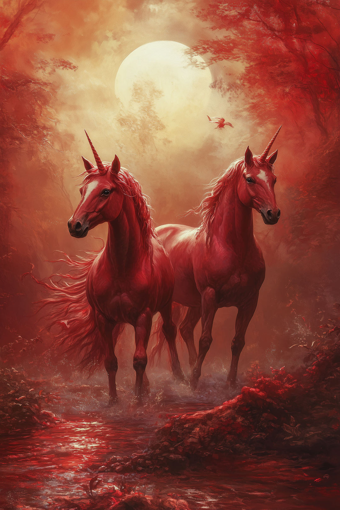 Wadi Home mystical unicorn forest wall art print featuring two red unicorns in a moonlit woodland above a grey sofa.