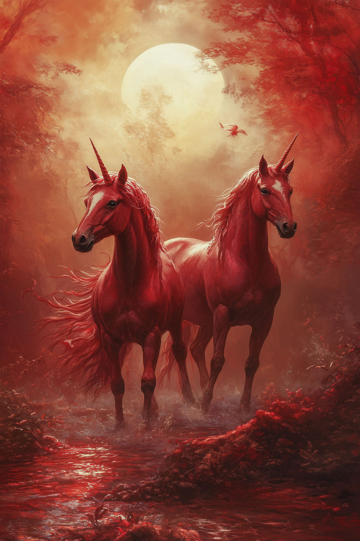 Wadi Home mystical unicorn forest wall art print featuring two red unicorns in a moonlit woodland above a grey sofa.