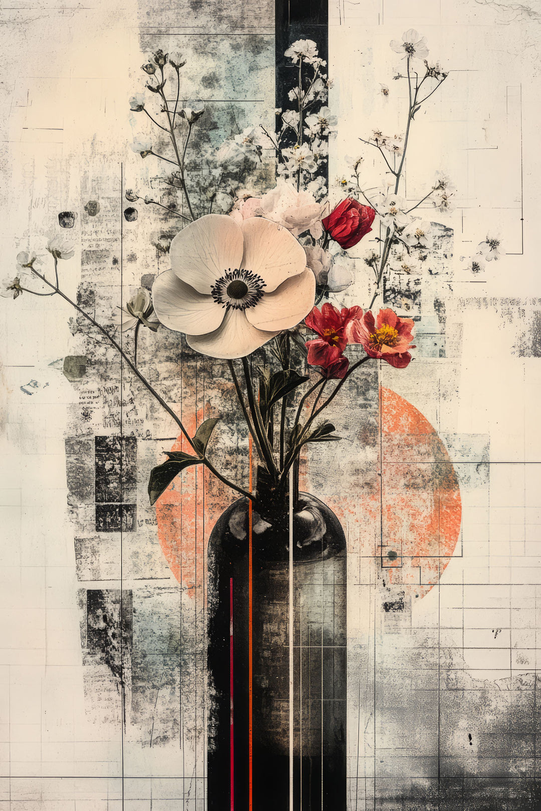 Wadi Home abstract floral vase framed wall art print hanging above a modern grey sofa in a contemporary living room.